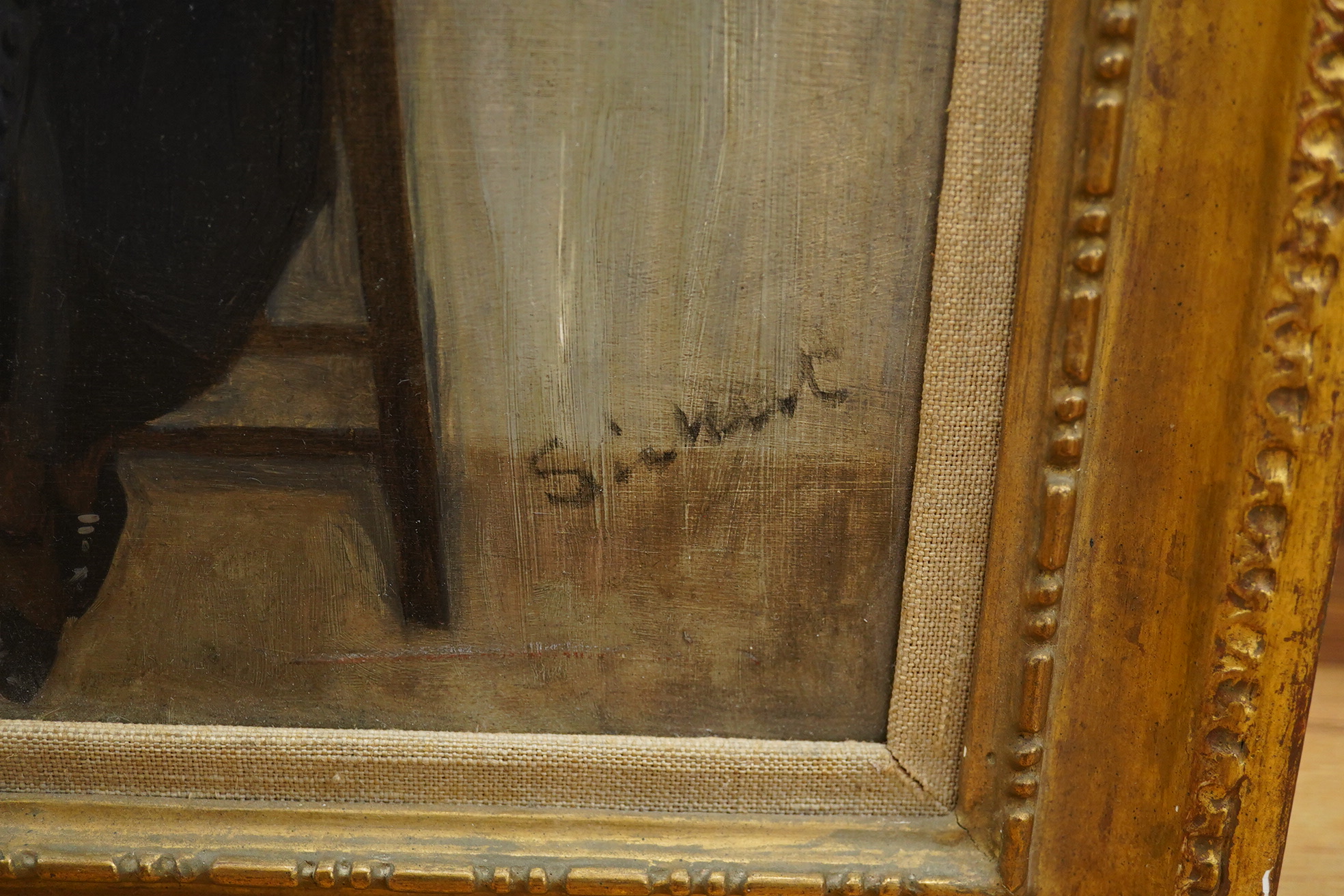 Manner of Walter Sickert (1860-1942), oil on panel, Study of a seated woman, signed, inscribed ‘Mrs Uffington, July 1914, W. Sickert’ verso, gilt framed, 34 x 26cm. Condition - good